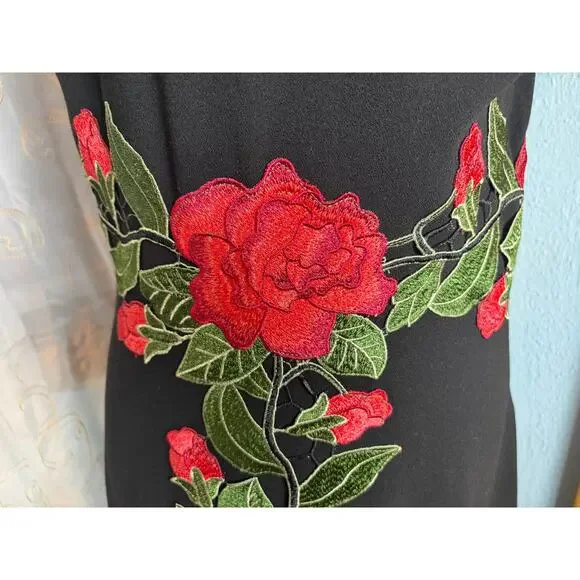 Traffic People Black Sleeveless Dress Red Floral embroidered Midi Fit& Flare M - Picture 3 of 5